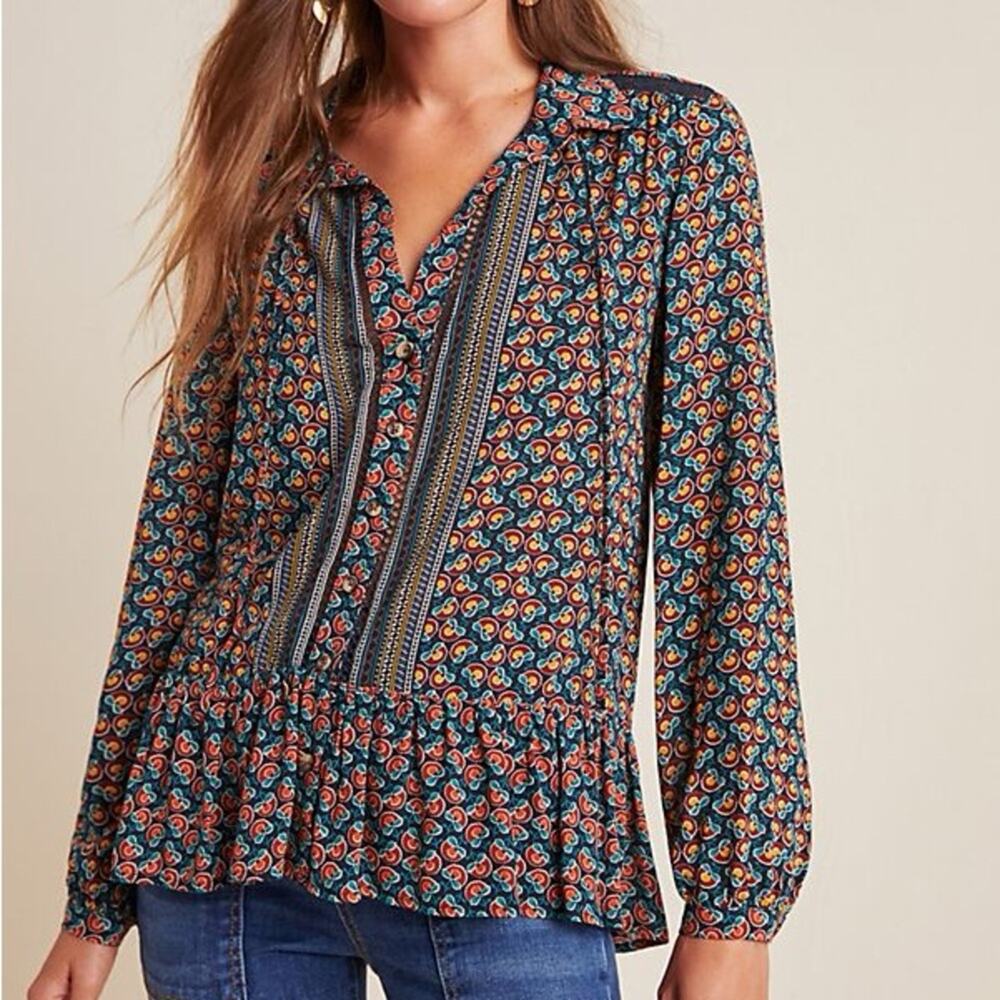 Anthropologie Maeve Jamie Flounced Floral Print Peasant Blouse Top Size 2